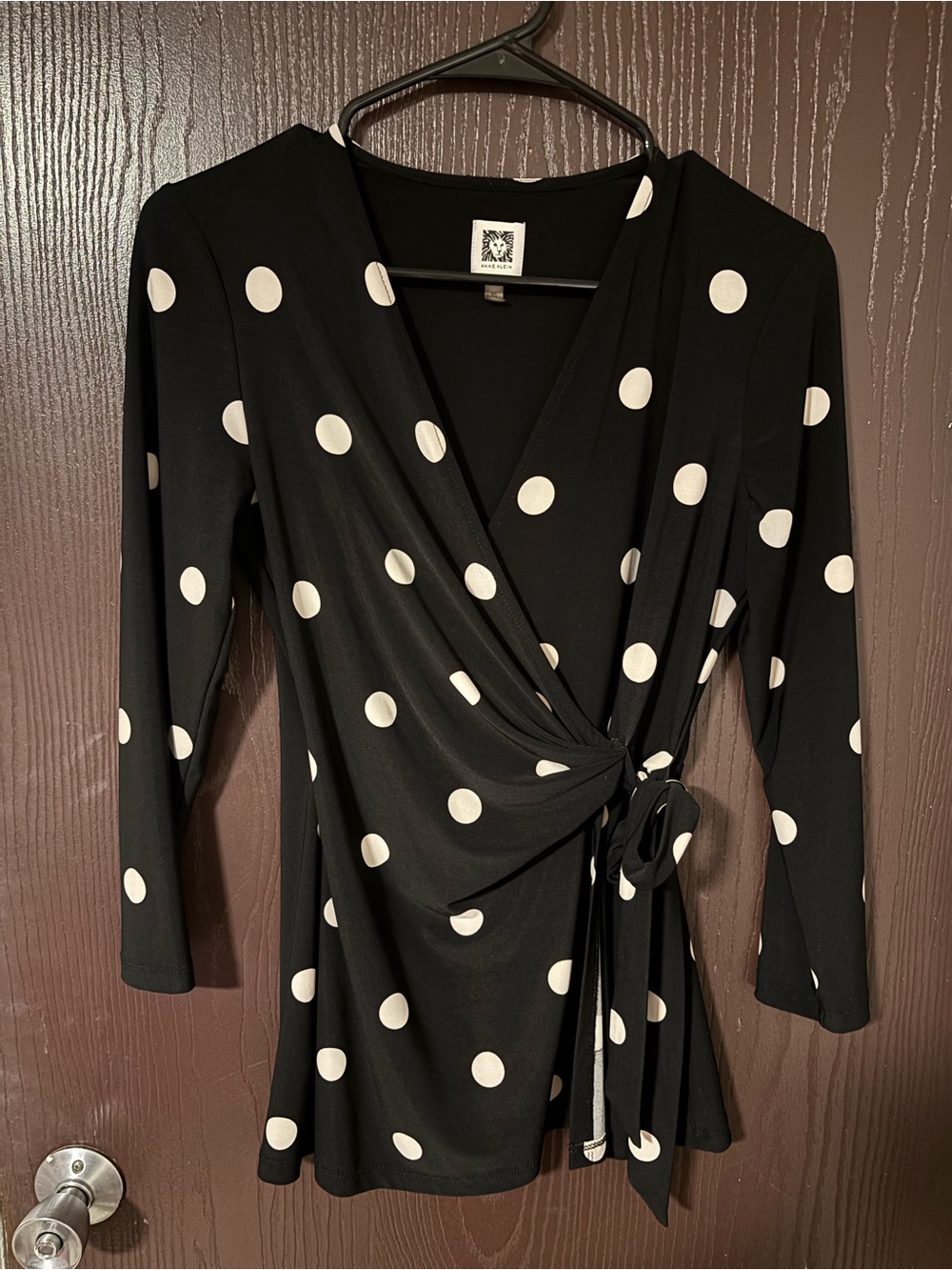 Anne Klein Black Faux Wrap Top with White Polka Dots